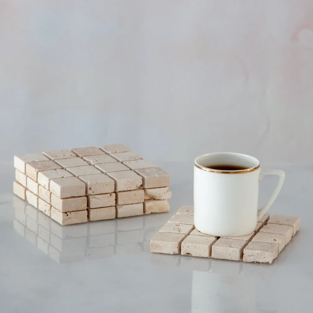 Handcrafted Travertine Stone Coaster Set - Rustic Natural Drink Coasters