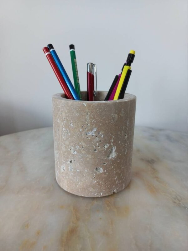 Travertine Stone Pen & Pencil Holder | Modern Desk Accessory | Natural Stone Jar Organizer - 8 inch